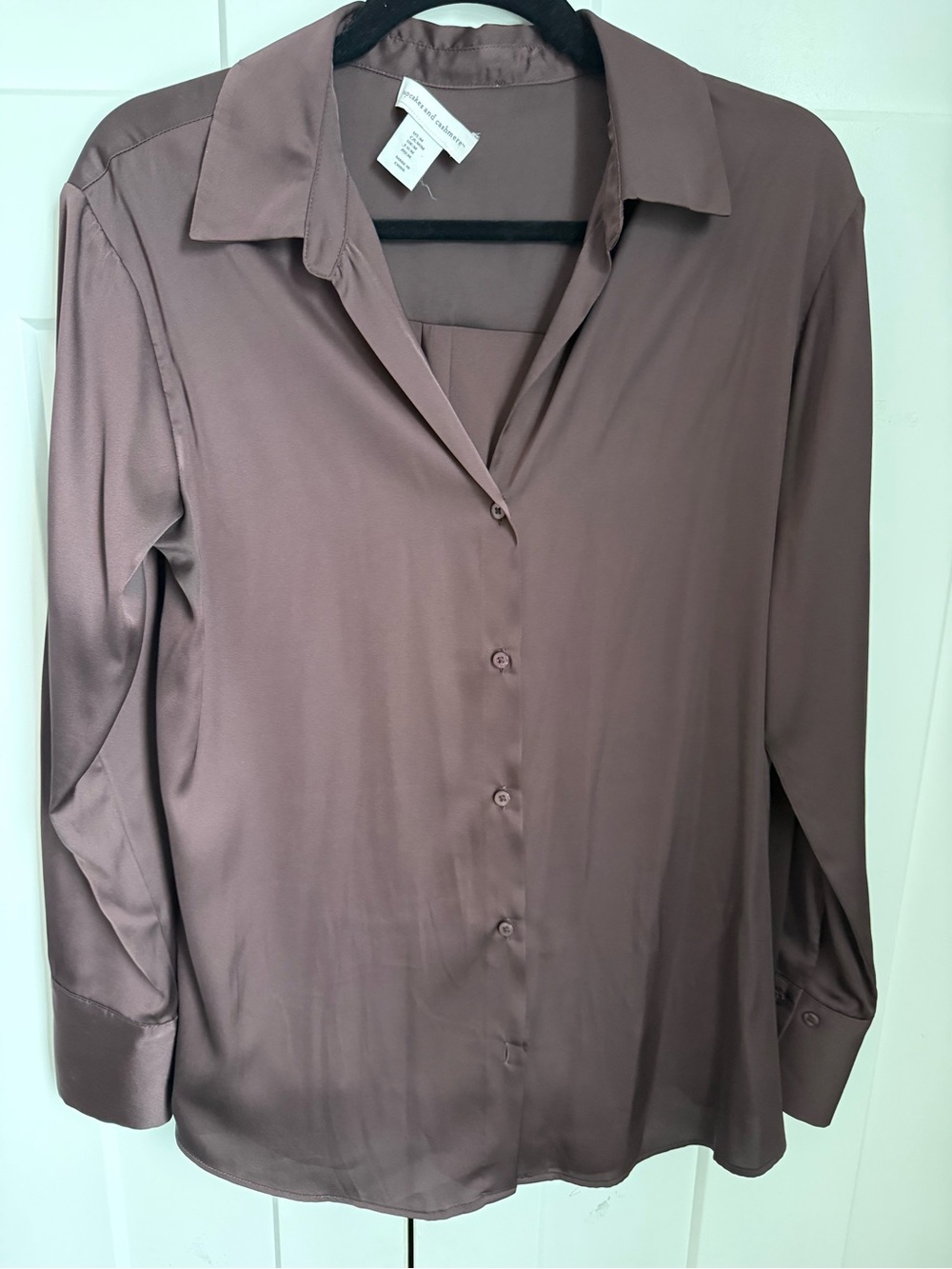 Cupcakes and Cashmere Satin Button-Front Shirt in chocolate brown, size M.